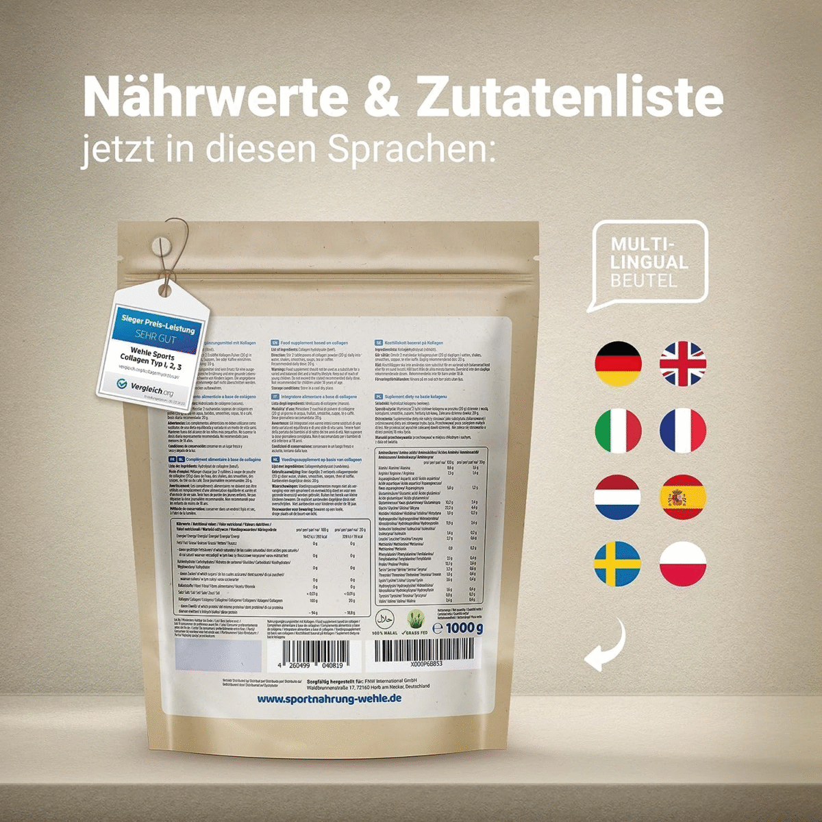 Collagen Pulver 1 KG - Bioaktives Kollagen Hydrolysat Peptide, Eiweiß-Pulver Ges