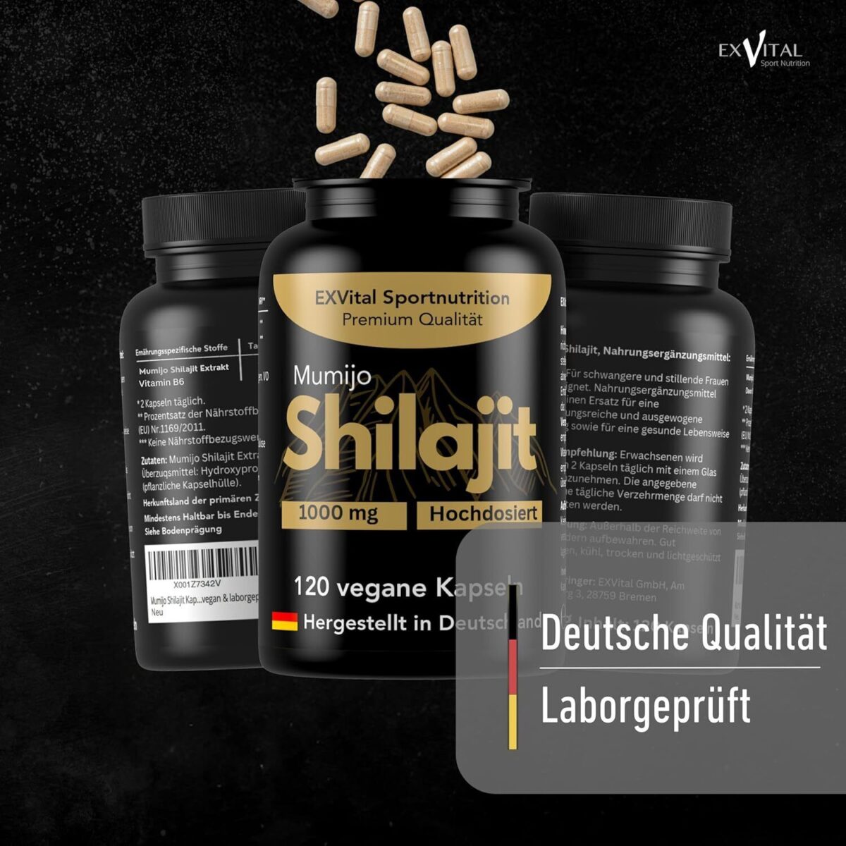 Mumijo Shilajit Kapseln, hochdosiert 1000mg von EXVital, Fulvin- und Huminsäuren