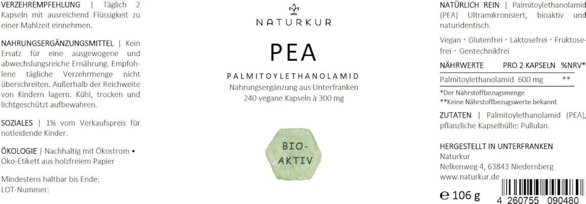PEA Ultramikronisiert 600mg Portion - 240 Kapseln Apothekerglas Palmitoylethanol