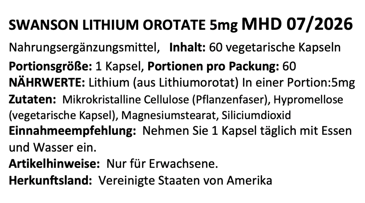 Swanson Lithium Orotate 5mg - 60 Veggie Tabs