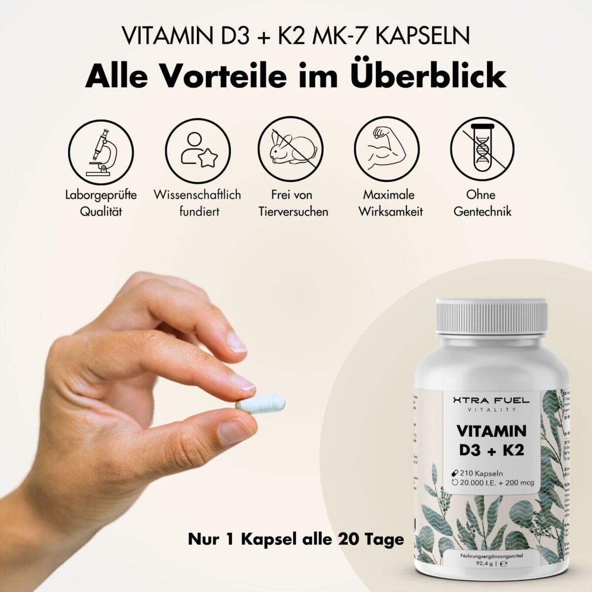 Vitamin D3 K2 20000 IE + 200mcg - 210 Kapseln - 100% rein, geprüft, zertifiziert